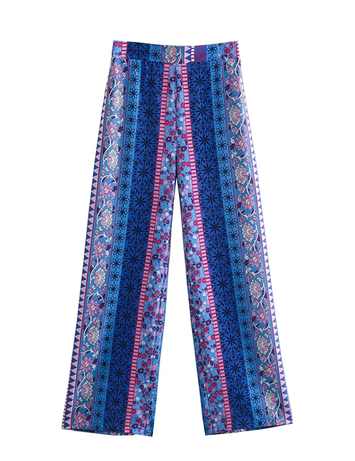 Fashion Blue Woven Print Straight-leg Trousers  Woven