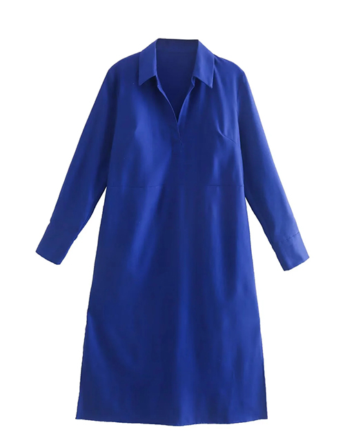 Fashion Blue Woven V-neck Lapel Dress