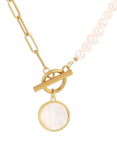 Fashion Gold Titanium Beaded Pearl Portrait Shell Ot Pendant Necklace