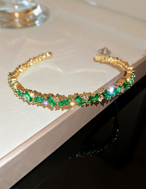 Fashion Bracelet - Green Brass And Zirconium Panel Open Bracelet  Copper