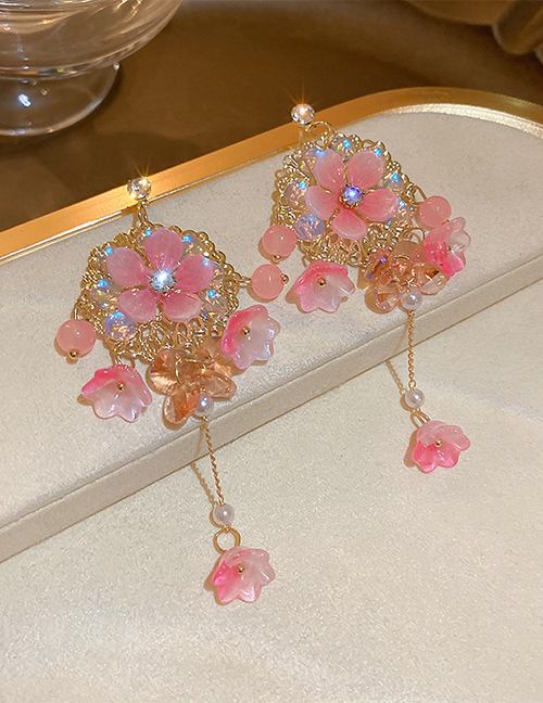 Fashion Pink Bronze Diamond Crystal Lily Of The Valley Tassel Earrings  Copper