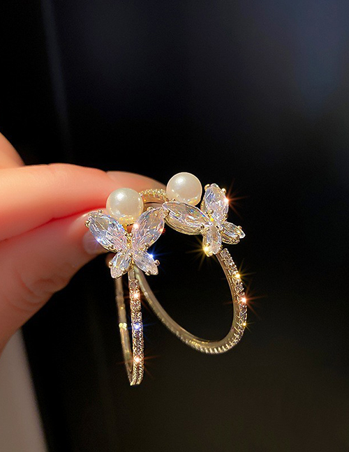 Fashion 11# Silver Needle. Gold Alloy Diamond Butterfly Pearl Earrings  Alloy