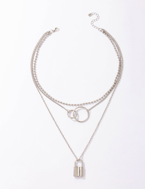 Fashion Silver Alloy Geometric Ring Small Lock Multilayer Necklace