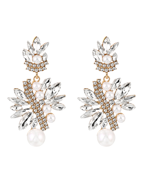 Fashion White Alloy Diamond Pearl Geometric Stud Earrings