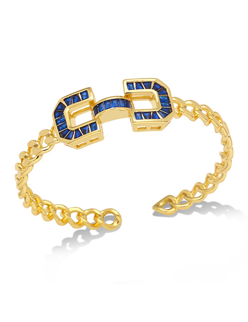 Fashion Blue Bronze Zirconium Geometric Chain Open Bracelet