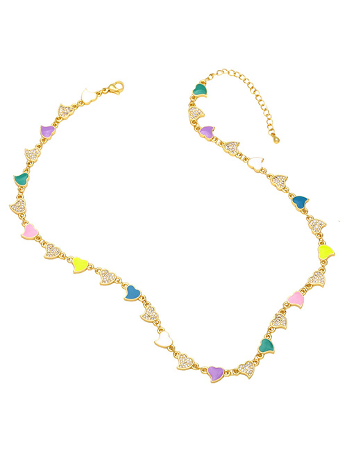 Fashion Color Brass Gold Plated Zirconium Oil Drip Heart Necklace