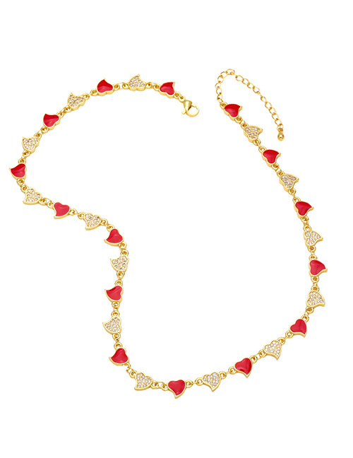 Fashion Red Brass Gold Plated Zirconium Oil Drip Heart Necklace