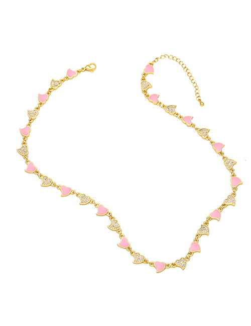 Fashion Pink Brass Gold Plated Zirconium Oil Drip Heart Necklace