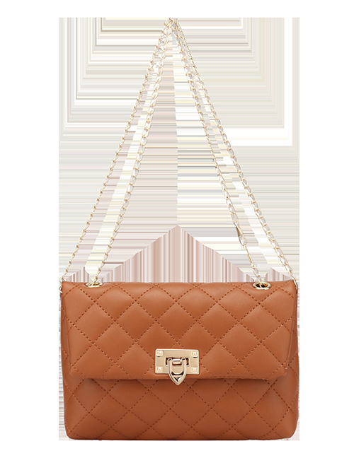 Fashion Brown Pu Diamond Lock Flap Crossbody Bag