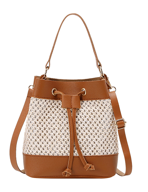 Fashion Brown Pu Large Capacity Drawstring Crossbody Bag