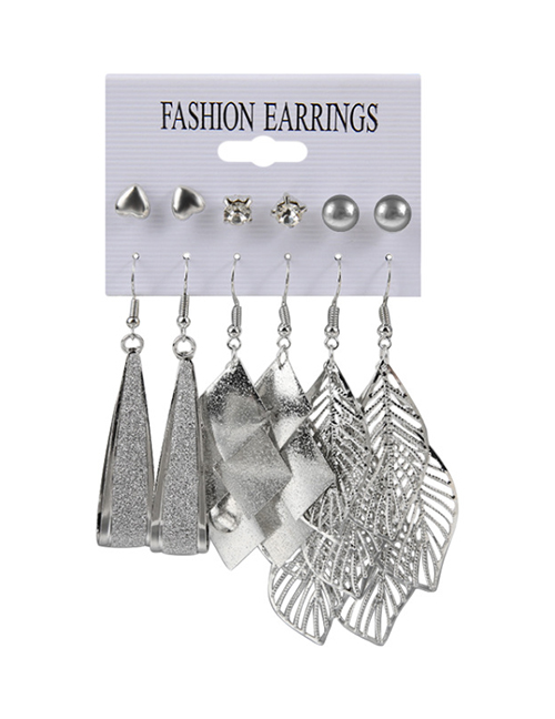 Fashion Silver Alloy Diamond Heart Leaf Diamond Earrings Set