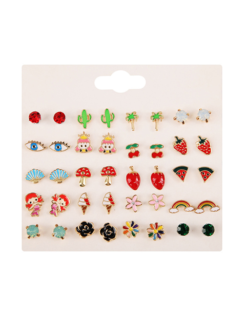 Fashion Color Alloy Drop Oil Geometric Cactus Eye Flower Rainbow Stud Earrings Set