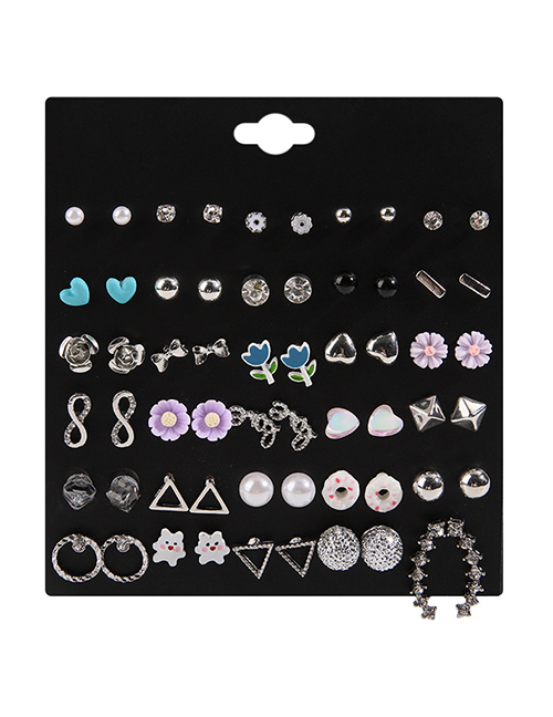 Fashion Silver Alloy Diamond Geometric Triangle Flower Love Stud Earrings Set