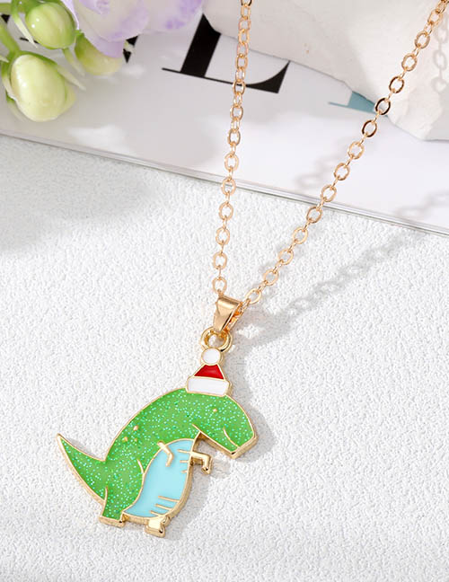 Fashion Christmas Hat Green Dinosaur Gold Necklace 1 Alloy Cartoon Christmas Glitter Dinosaur Necklace