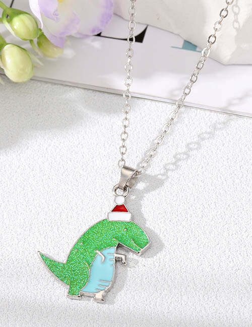 Fashion Christmas Hat Green Dinosaur Silver Necklace 7 Alloy Cartoon Christmas Glitter Dinosaur Necklace