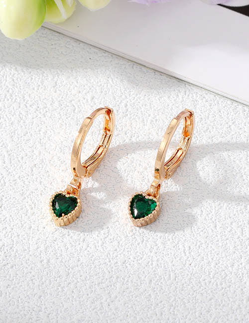 Fashion Dark Green Love Ear Buckles Alloy Gold Trim Heart Diamond Earrings