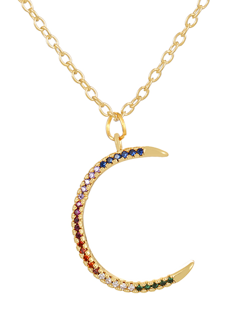 Fashion Gold-2 Bronze Zircon Crescent Pendant Necklace