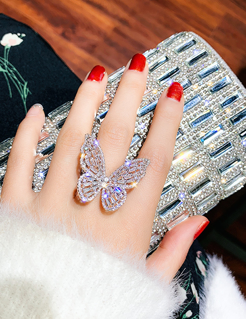 Fashion 50# Silver Metal Diamond Butterfly Ring