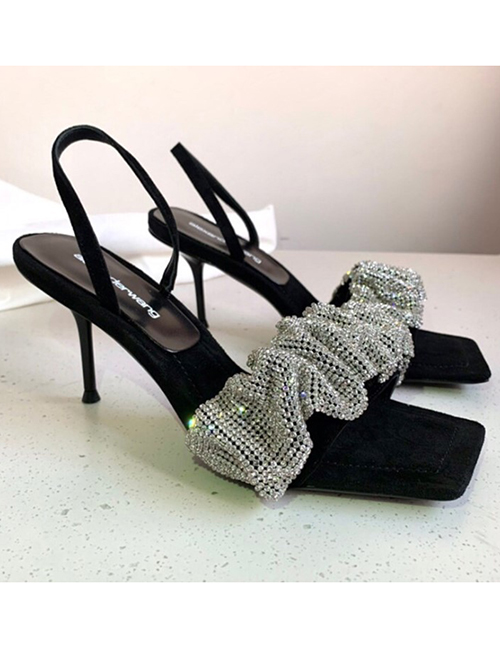Fashion Black Stiletto [7cm] Square-toe High-heeled Sandals With Rhinestones