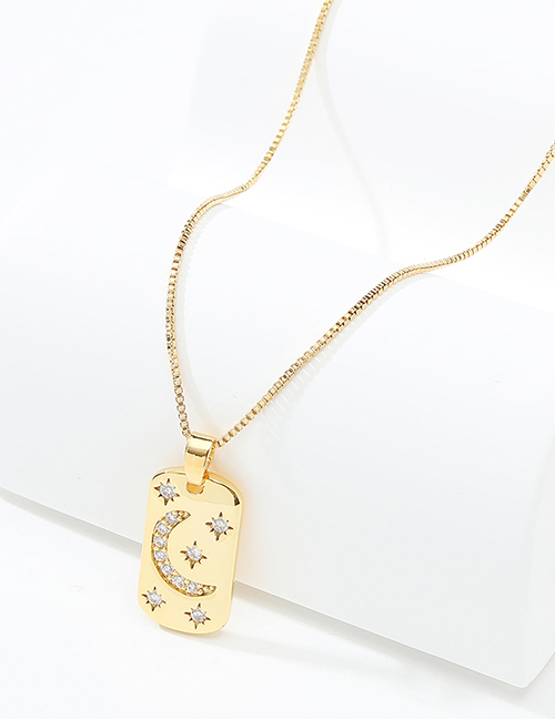 Fashion Gold Bronze Zirconium Star And Moon Tag Necklace