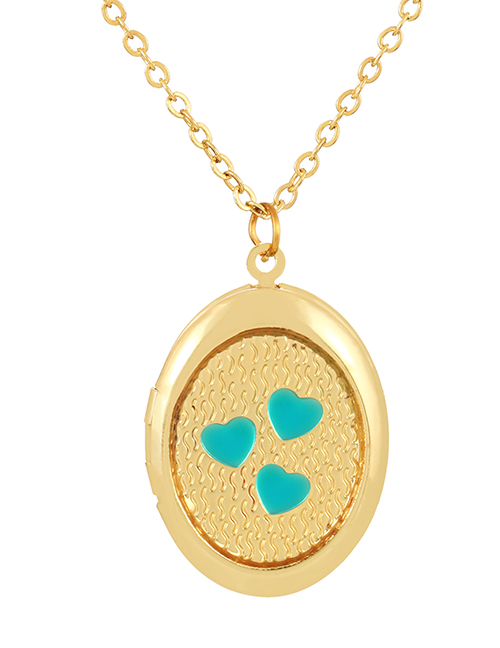 Fashion Lake Blue Copper Drip Oil Round Heart Flap Open Pendant Necklace