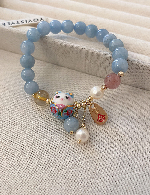 Fashion 2#blue Lucky Cat Strawberry Crystal Beaded Cat Bracelet