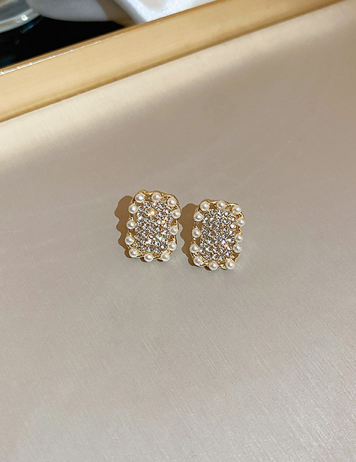 Fashion 12# Alloy Diamond And Pearl Geometric Square Stud Earrings