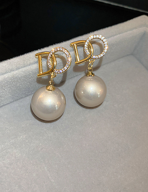 Fashion Champagne Gold Geometric Zirconium Alphabet Pearl Stud Earrings