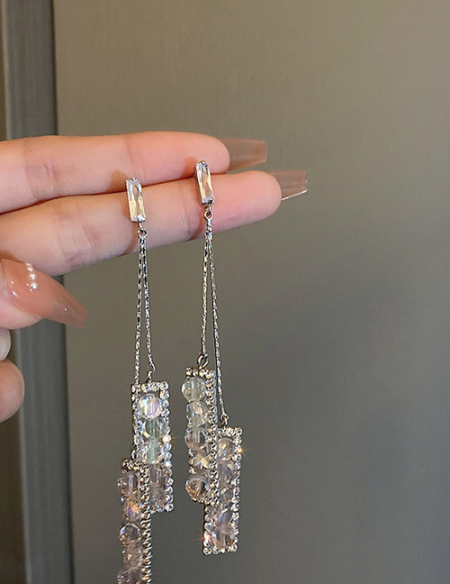 Fashion 4# Pink Geometric Crystal Tassel Earrings