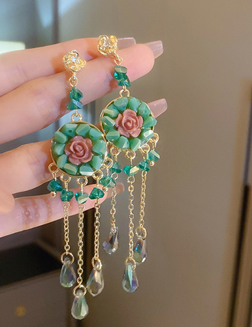 Fashion 5# Green Geometric Flower Crystal Tassel Earrings