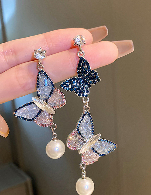 Fashion 7#silver Geometric Diamond Butterfly Pearl Asymmetric Drop Earrings
