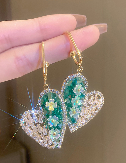 Fashion 9# Green Geometric Crystal Heart Stud Earrings