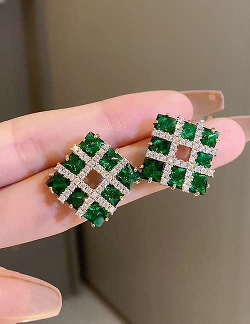 Fashion 14# Green Geometric Diamond Square Stud Earrings
