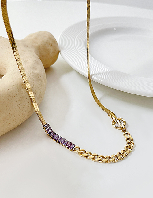 Fashion Purple Titanium Steel Inlaid Zirconium Chain Stitching Snake Bone Chain Necklace