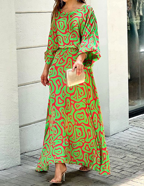 Fashion #1 Grass Green + Red Polyester Print Top Skirt Set