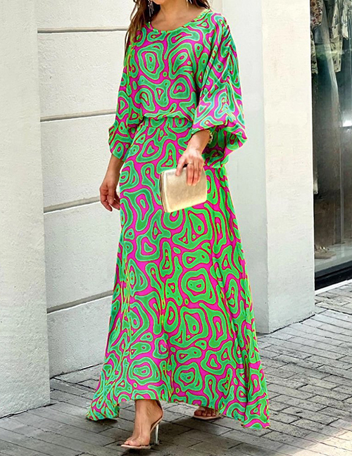 Fashion #3 Army Green + Purple Polyester Print Top Skirt Set