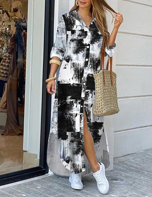 Fashion Black And White Tie Dye Polyester Print Breasted Lapel Dress