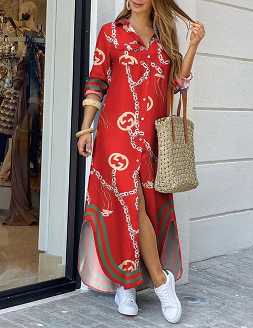 Fashion Red Chain Polyester Print Breasted Lapel Dress