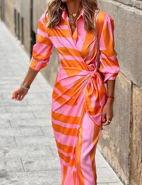 Fashion 15# Polyester Print Knot Lapel Dress