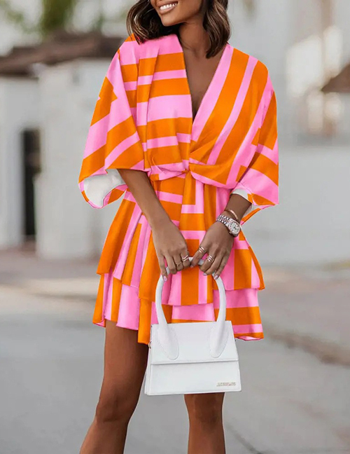 Fashion 5# Polyester Print Panel V-neck Doll Sleeve Dress