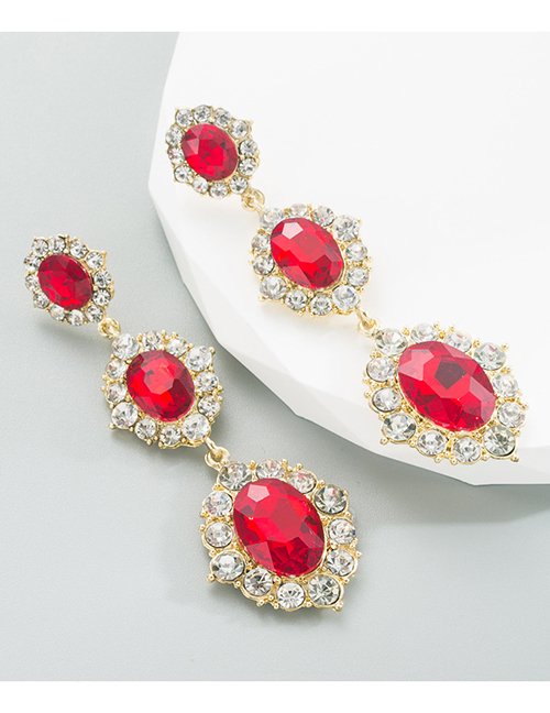 Fashion Red Alloy Set Oval Diamond Earrings