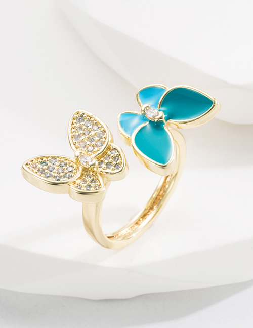 Fashion Blue Brass Gold Plated Zirconium Colorblock Oil Butterfly Open Ring