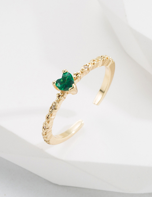 Fashion Green Zirconium Brass Gold Plated Zirconium Heart Open Ring