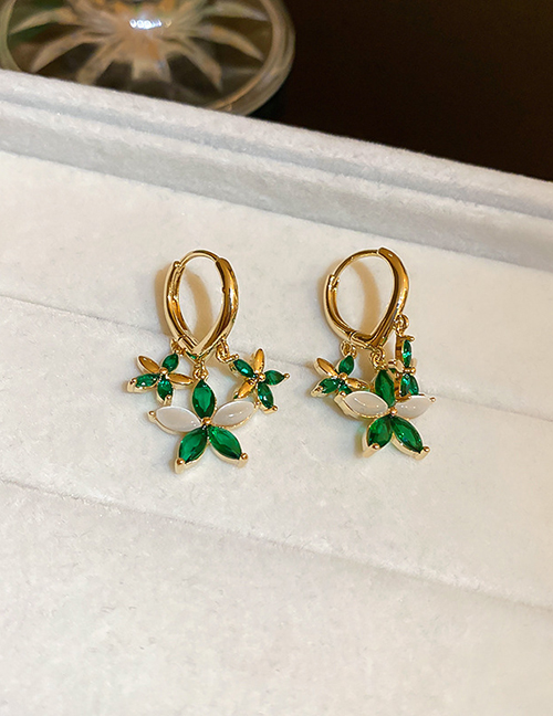Fashion 27# Ear Buckle - Green Flower (real Gold Plating) Metal Diamond Floral Earrings