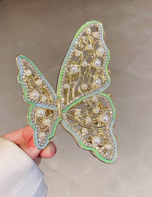 Fashion Grab Clip - Green Alloy Diamond And Pearl Butterfly Grab Clip