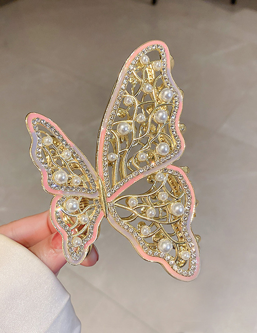 Fashion Grab Clip - Pink Alloy Diamond And Pearl Butterfly Grab Clip
