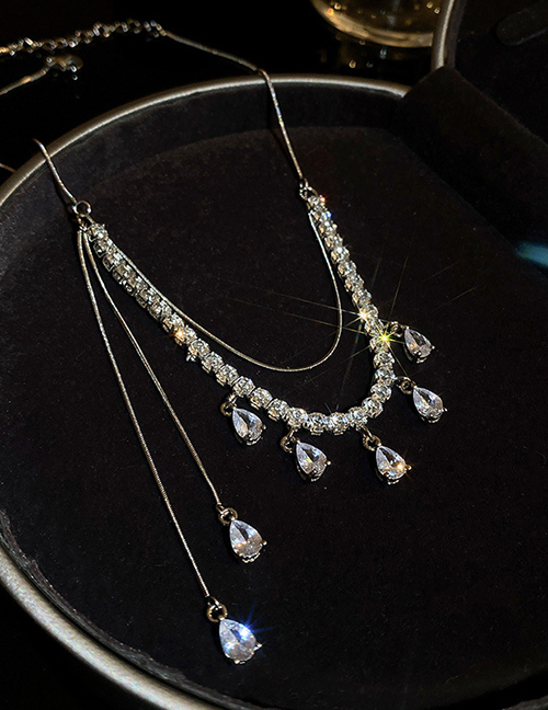 Fashion Silver Metal Diamond Drop Fringe Necklace