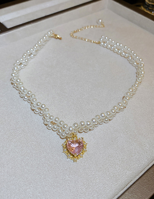 Fashion Pink Diamond Heart Pearl Beaded Necklace