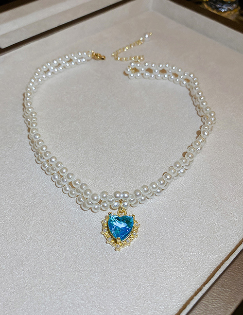 Fashion Blue Diamond Heart Pearl Beaded Necklace