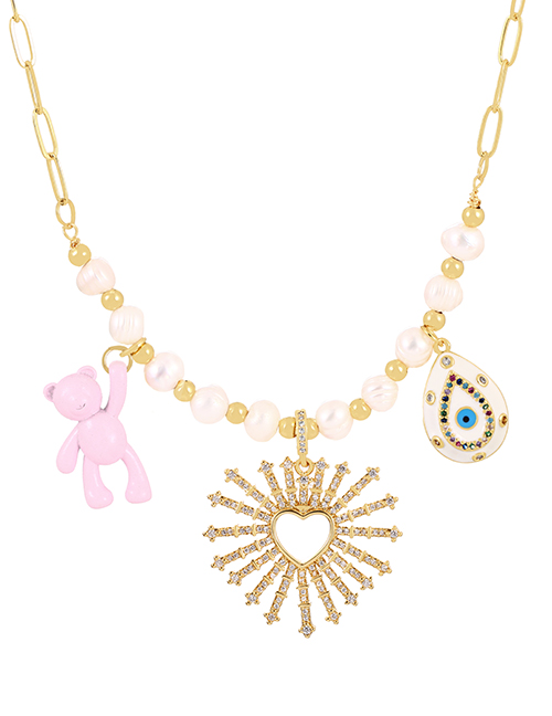 Fashion Gold-3 Bronze Zircon Pearl Drop Oil Love Bear Necklace